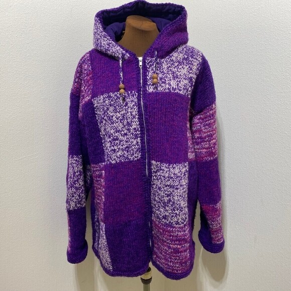 Tops - Wool Knit Patchwork Purple Hooded Jacket Sweater Size XXL